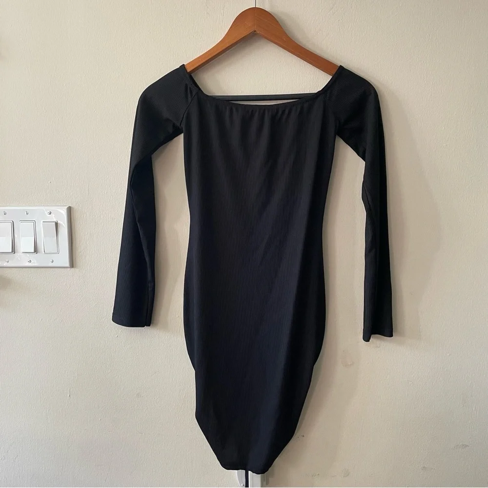 🐈⬛ Missguided (NWOT) Black Rib Ruched Front Long Sleeve Mini Dress 🐈⬛ - Picture 5 of 9